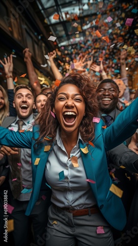 A picture of ecstatic, diverse workers celebrating a joint company achievement or win is shown, with confetti flying all around them..