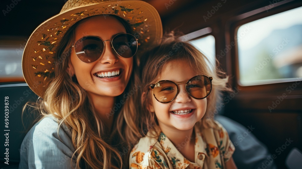 Happy mother and daughter having fun on their summer vacation. The idea of a family vacation and trip. - obrazy, fototapety, plakaty 