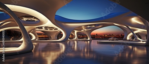 View of the architectural elements and the lighting-equipped futuristic ceiling. © tongpatong