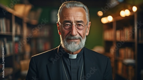 Smiling senior priest in waist-up photo holding a Bible and grinning as he stands in front of a green wall in his office..