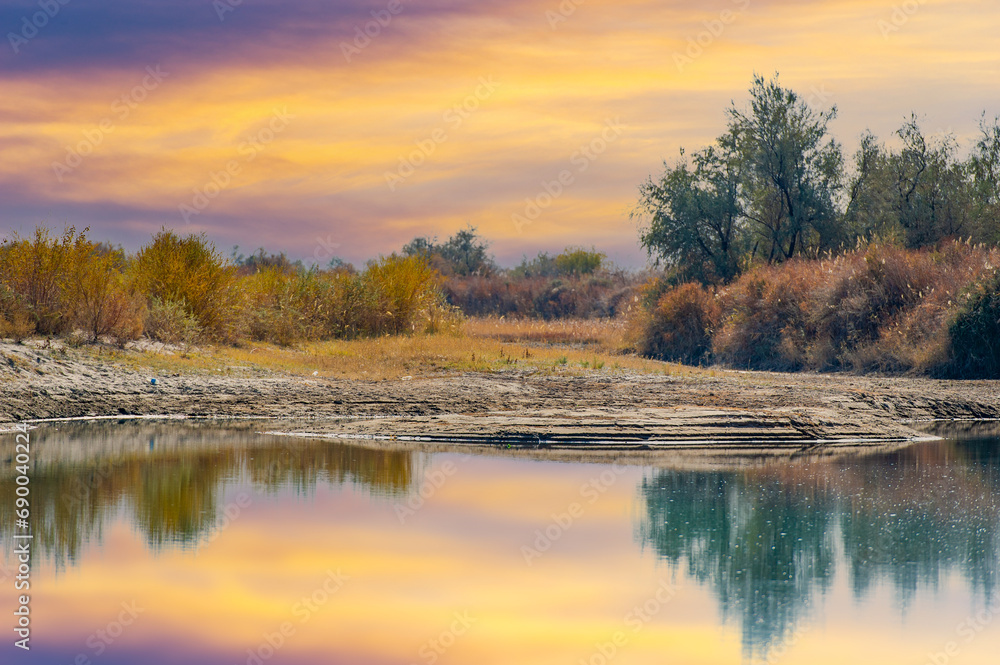 The last farewell to nature: a stunning sight: a bare tree rises above the ground, reflecting its bright orange leaves against the backdrop of the calm waters of the river in the steppe. Autumn Miracl