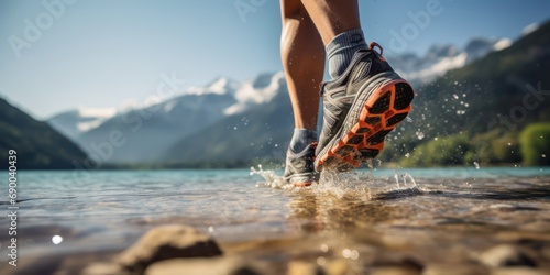Closeup of sports shoes in motion against a mountain lake, very low shot of the sole