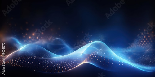 Blue and Purple Wavy Particle Surface on Black Background. Abstract Technology or Science Banner. Cyber Space Background. Particles with DOF Effect. 