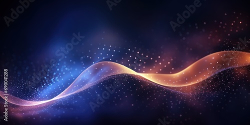 Blue and Purple Wavy Particle Surface on Black Background. Abstract Technology or Science Banner. Cyber Space Background. Particles with DOF Effect. 