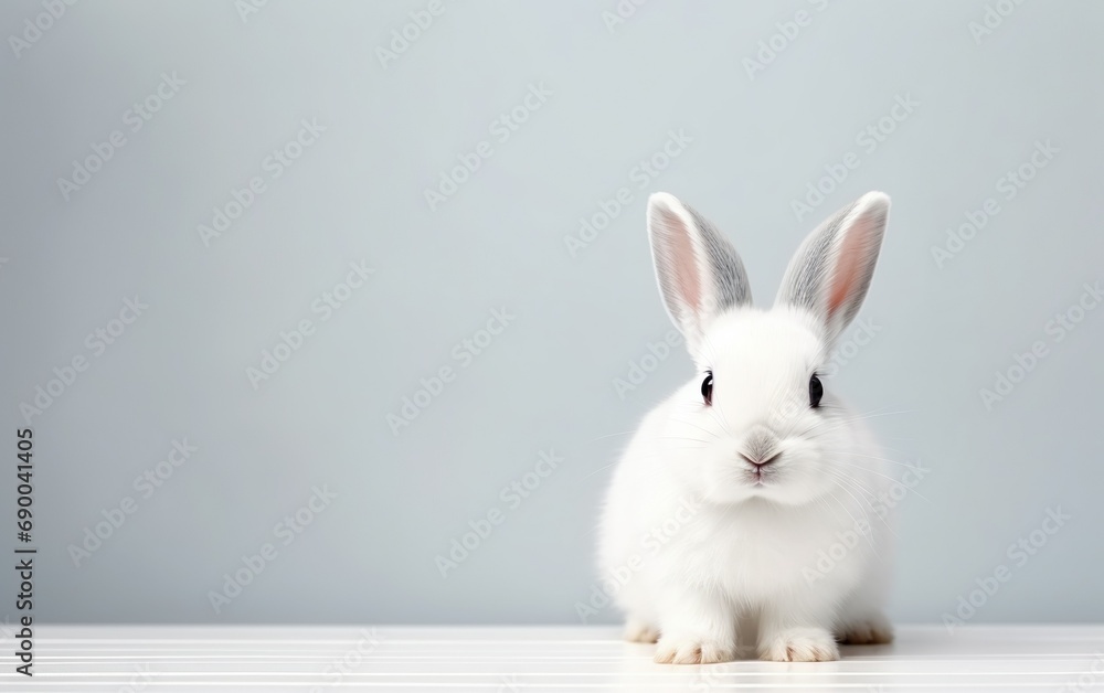 Obraz premium Adorable smiling rabbit isolated with copy space for Easter gray background. Fluffy bunny, animal pet.