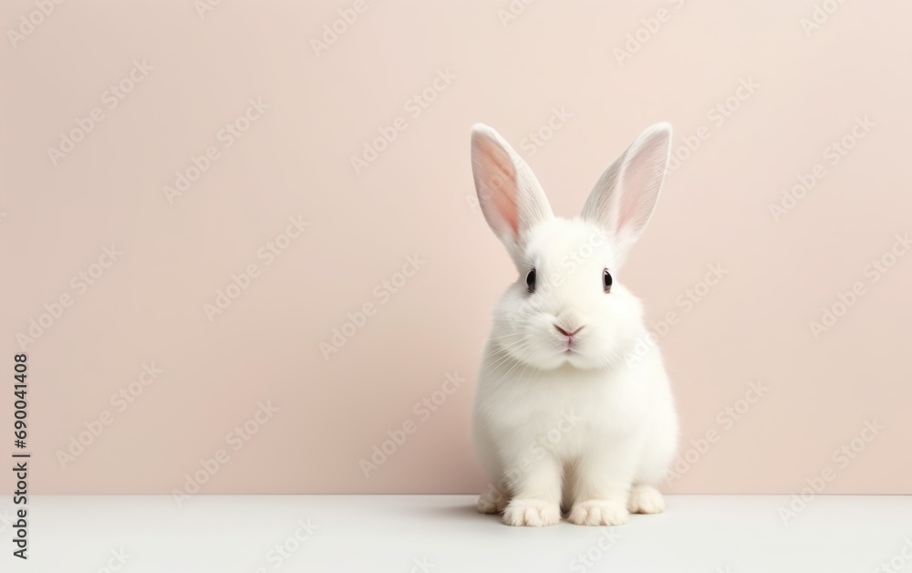 Obraz premium Cute smiling rabbit isolated with copy space for Easter pink background. Adorable fluffy bunny animal pet.