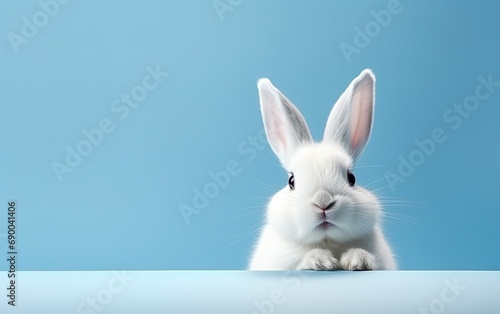 Cute smiling rabbit isolated with copy space for Easter blue background. Adorable fluffy bunny animal pet.