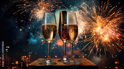 New Years celebration with fireworks and champagne glasses at night comeliness