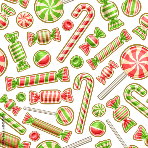Vector Christmas Candy seamless pattern, decorative repeat background with illustration of christmas candy canes and bubble gums in foil package, square poster with flying flat lay noel minty candies