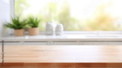 Empty beautiful wood table top counter and blur bokeh modern kitchen interior background in clean and bright, Banner, Ready for product montage
 photo
