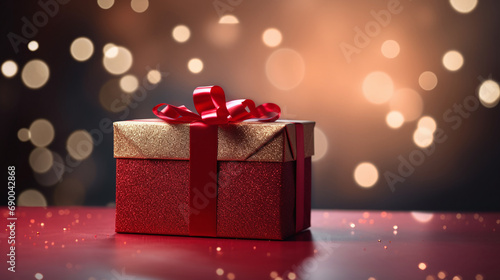 Charming red gift with a bow on a sparkling bokeh background