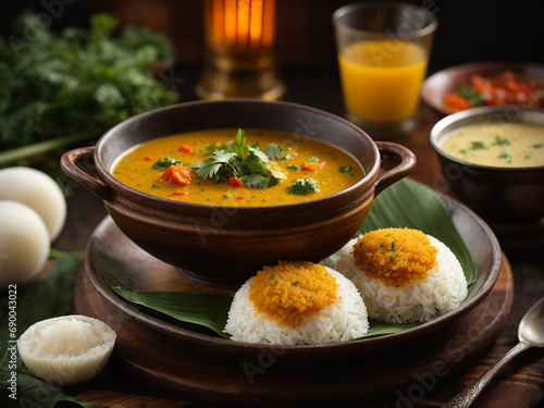 Vegetarian South Indian breakfast thali - Idli vada sambar chutney upma photo