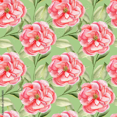 Watercolor pink peonies art seamless pattern. Hand drawn floral background for textile, scrapbooking, paper design. Garden pale pink flowers with green leaves branches in green background