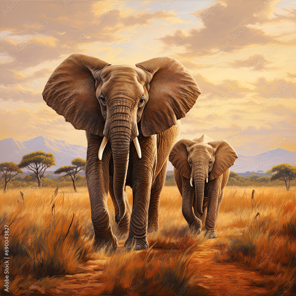 Obraz premium A heartwarming scene of a mother elephant and her calf walking side by side