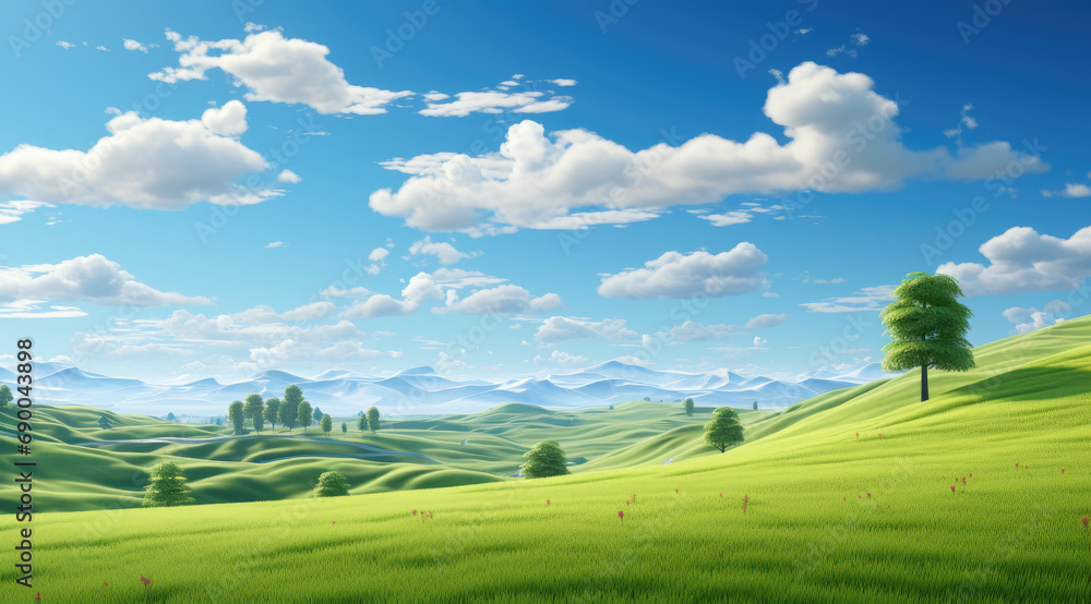 Fototapeta premium a green grass field with trees, beauty landscapes