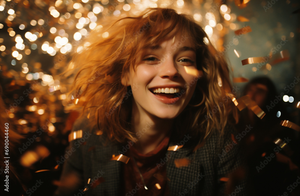 Portrait of beautiful young woman with golden confetti on blurred background Portrait of beautiful young woman with golden confetti on blurred background