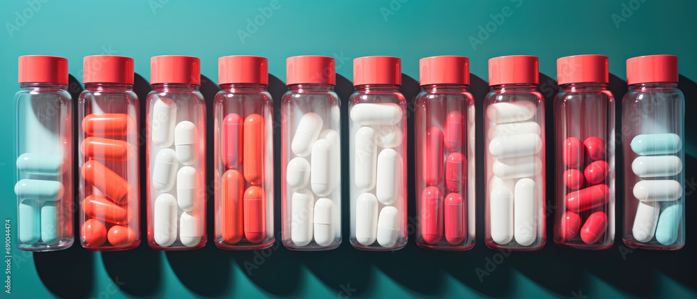medicine for sale, white and red capsules on the color background medicine for sale, white and red capsules on the color background