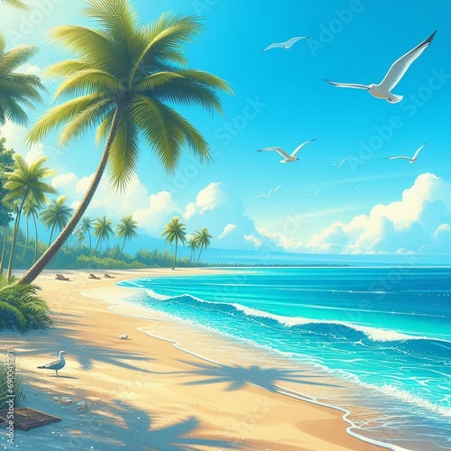 tree on the beach. beach with palm trees. beach with palm trees and sun. beautiful beach scene