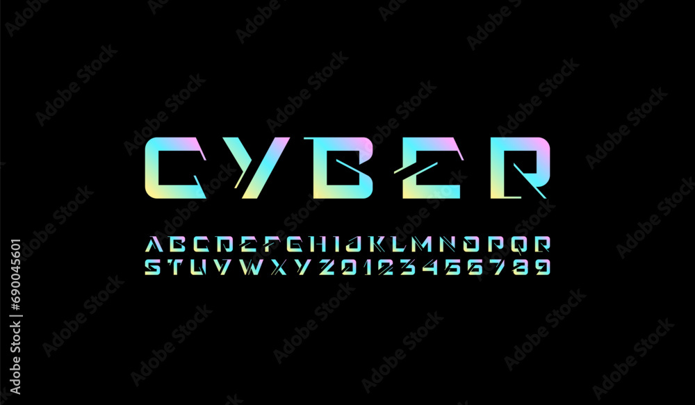 Technical future font, digital cyber alphabet, trendy bright letters from A to Z and numbers from 0 to 9 for interface design, vector illustration 10EPS