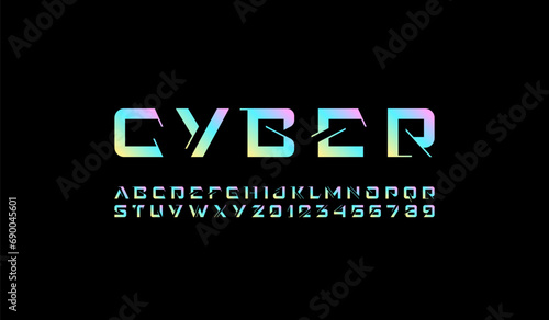 Technical future font, digital cyber alphabet, trendy bright letters from A to Z and numbers from 0 to 9 for interface design, vector illustration 10EPS