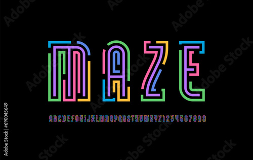 Maze font from gap line, alphabet with bright labyrinth, multi-colored lines cut letters and numbers, vector illustrator 10 eps