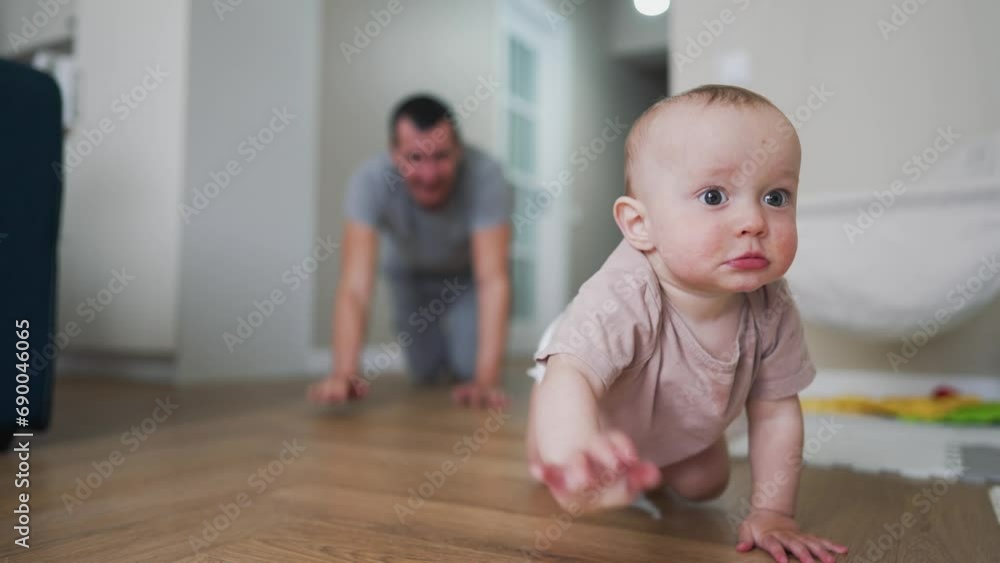 Happy family. Baby crawls on floor with his father. Boy smiles and crawls on floor of house. Dad plays with his son at home. Home kindergarten.Father's day in kindergarten.Happy baby crawling on floor Happy family. Baby crawls on floor with his father. Boy smiles and crawls on floor of house. Dad plays with his son at home. Home kindergarten.Father's day in kindergarten.Happy baby crawling on floor