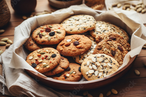 Healthy cookies with nuts, seeds and raisin in a plate