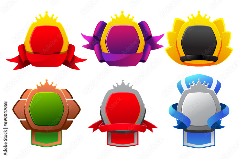 Set of Game level badges. Empty award badges with royal banners and UI icons. Isolated bonus graphic elements, reward, trophy achievement, and prize Set of Game level badges. Empty award badges with royal banners and UI icons. Isolated bonus graphic elements, reward, trophy achievement, and prize