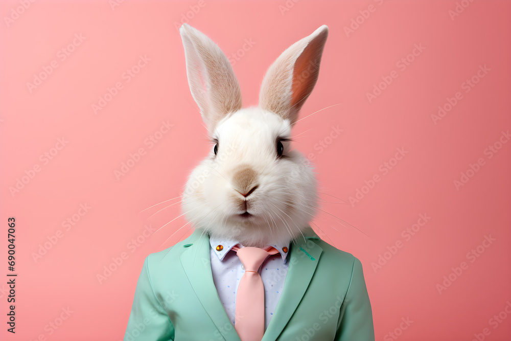 white rabbit wearing suit and tie isolated on pink background