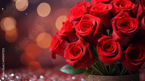 Valentine s day greeting card a bouquet of red roses on a background lights bokeh with copy space.
