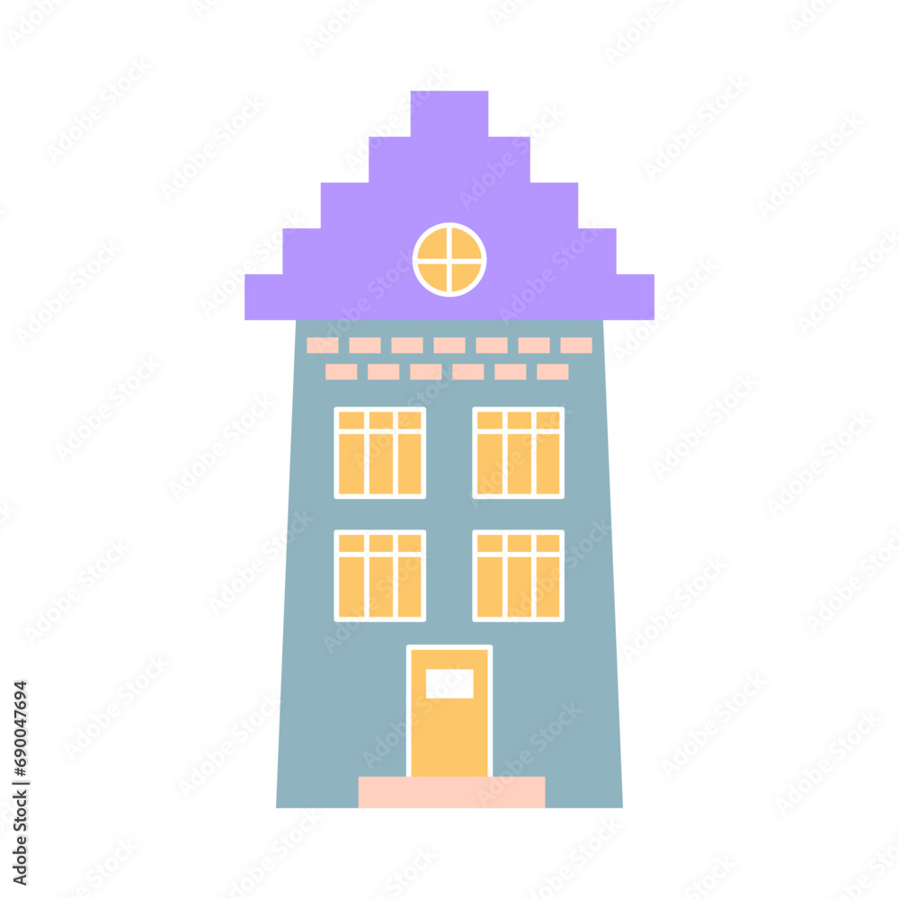 Fototapeta premium Cute pastel scandinavian house. Dutch canal home. Traditional architecture of Netherlands, Belgium and Amsterdam. Hand drawn vector illustration isolated on white background.