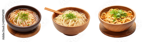 Wooden bowls with noodles soup isolated on transparent background