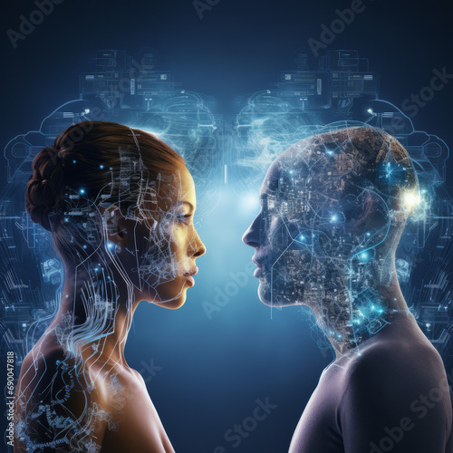 Artificial intelligence cyborg face and human face look at each other with technology schematics blueprints and interpersonal connection with neural networks futuristic style consciousness concept photo