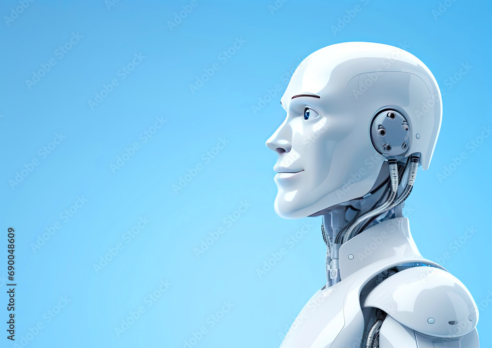 Humanoid robot on blue background, copy space for text