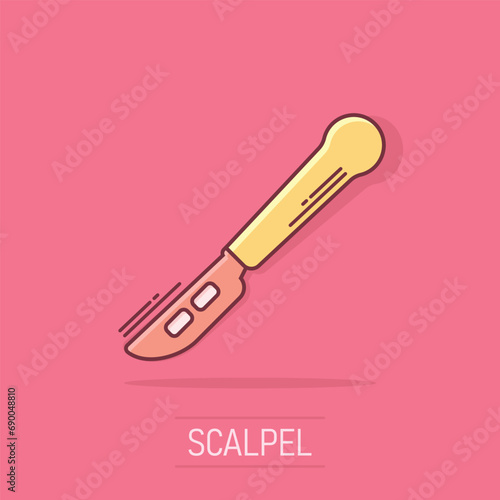 Vector cartoon medical scalpel icon in comic style. Hospital surgery knife sign illustration pictogram. Scalpel business splash effect concept.