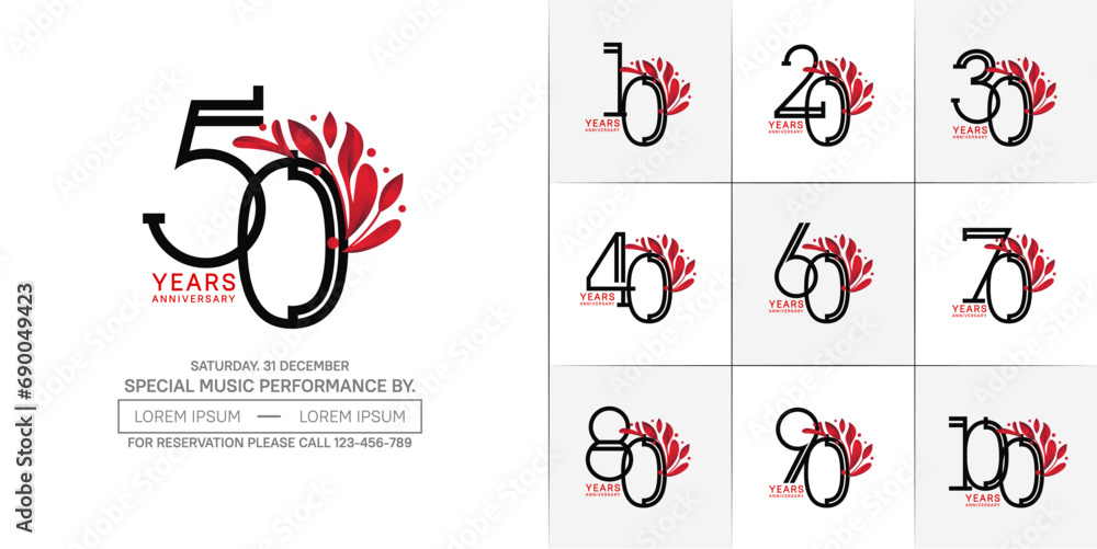 set of anniversary logotype black color with red ornament for special celebration event - obrazy, fototapety, plakaty 