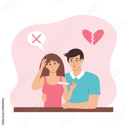 Man supports woman holding pregnancy test with negative result. Young infertile couple. Empathy and compassion. Infertility, fertility problems, reproductive system, In vitro fertilization and family 