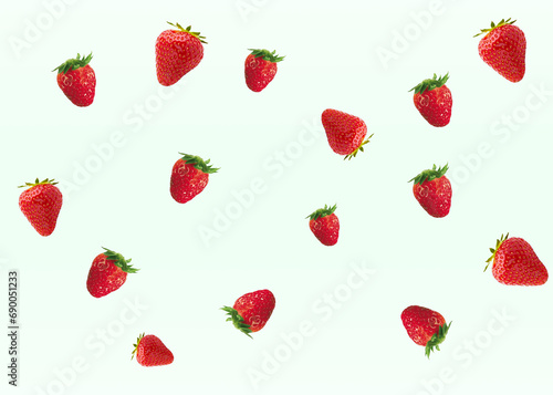 Red strawberries, Creative composition with floating levitating ripe strawberries on a pastel background. healthy food concept. Minimal fruit idea. strawberries flying in the air. Copy space.