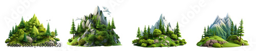 Set of 3d cartoon clipart mountain forest landscape  isolated on white and transparent background #690051450