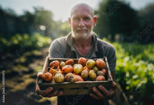 A gardener practising permaculture in his vegetable garden presents a crate of potatoes and sweet potatoes to the camera. Generative ai photo