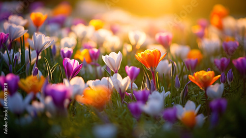春の花のアップ、カラフルな自然の花畑の風景 © tota