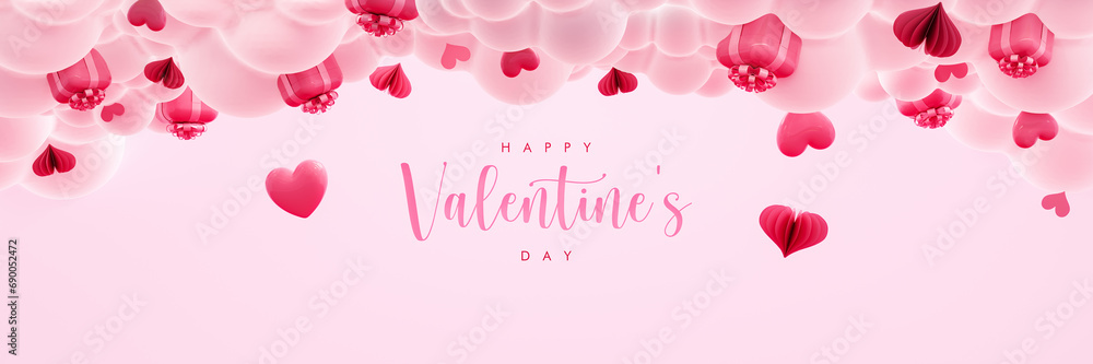 Valentine's Day greeting card design with fluffy clouds, hearts and text on baby pink background. 3D Rendering, 3D Illustration