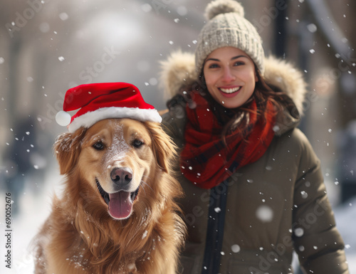 a woman and her dog with Santa hat taking a walk in the snow