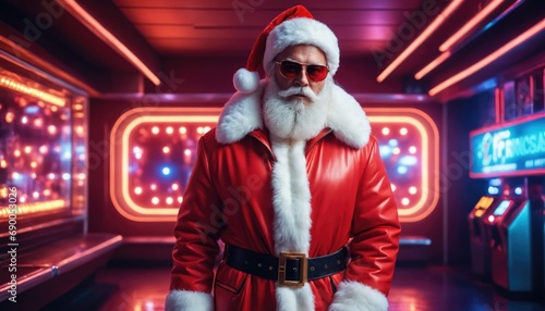 Santa wearing hi-tech glasses in a cyberpunk futuristic city with neon lights. Christmas background illustration.. Happy New years poster.