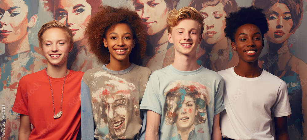 a group of young smiling kids standing next to each other in their fashion t-shirts