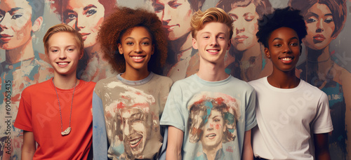 a group of young smiling kids standing next to each other in their fashion t-shirts