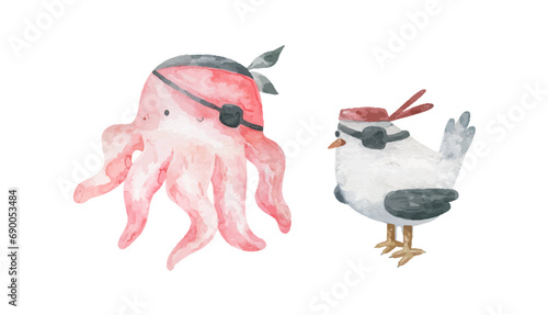 Collection with wild animals. Animals pirates on isolated background. Underwater life. Cute childish pirate illustration