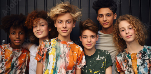a group of young smiling kids standing next to each other in their fashion t-shirts