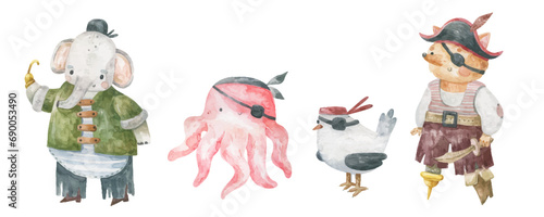 cute childish illustration with animal pirates. Animal pirate elephant, octopus and fox with seagull. Sea illustration. Oceania. Design, print, nursery