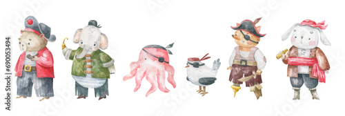 Pink octopus and seagull. Cute childish illustration with pirate. Animal pirate. Sea illustration. Oceania. Design, print, nursery